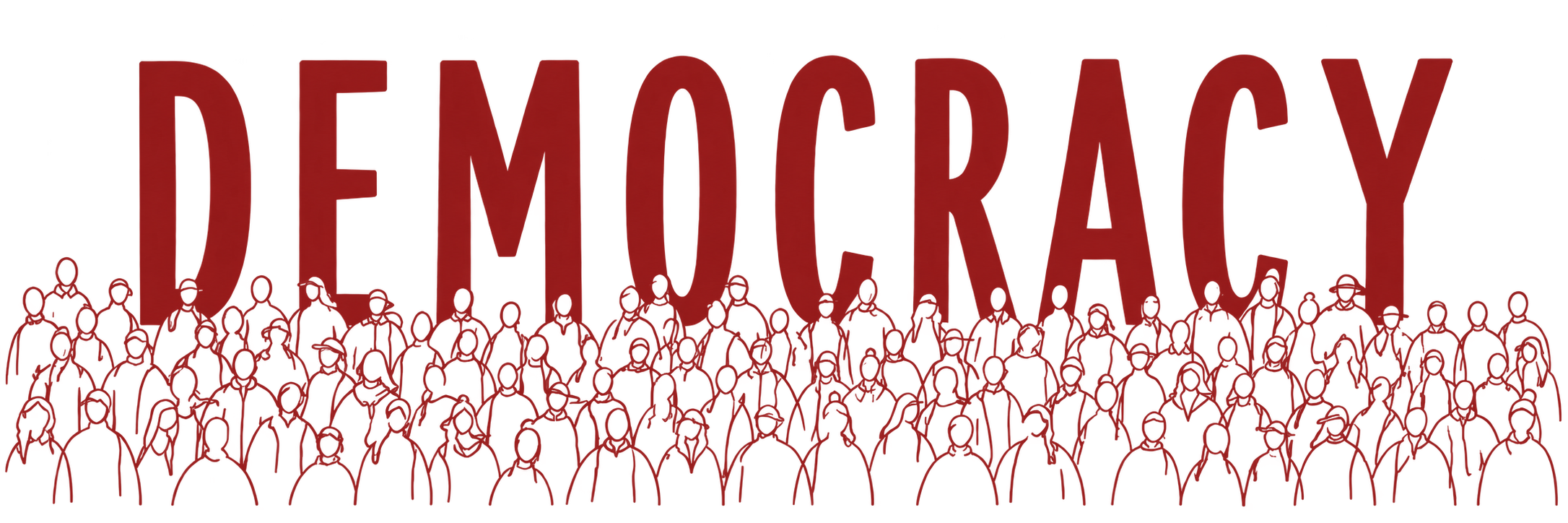 Democracy in red lettering above a crowd drawn in fine red contours